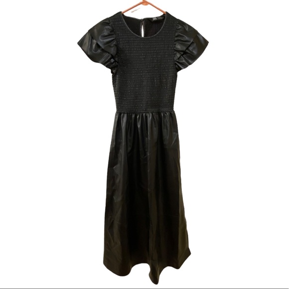 Zara Smocked Faux Leather Ruffle Sleeve Midi Dress - Picture 6 of 9